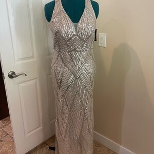 R&M Richards Silver Backless Sequin Dress